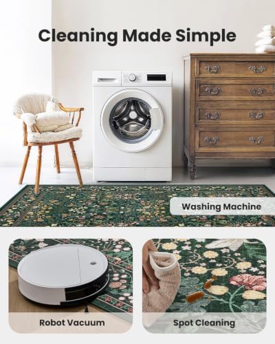 Amada Floral Washable Area Rug,2'x3',Dark Green