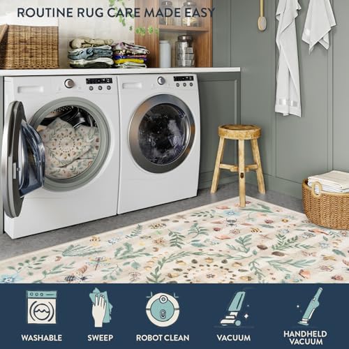 Lahome Washable Insect Botanical 2x3 Area Rugs for Entryway - Machine Washable Non-Slip Kitchen Rugs, Beige Boho Low Profile Soft Faux Wool Indoor Door Mat for Bathroom,Bedroom, Hallway