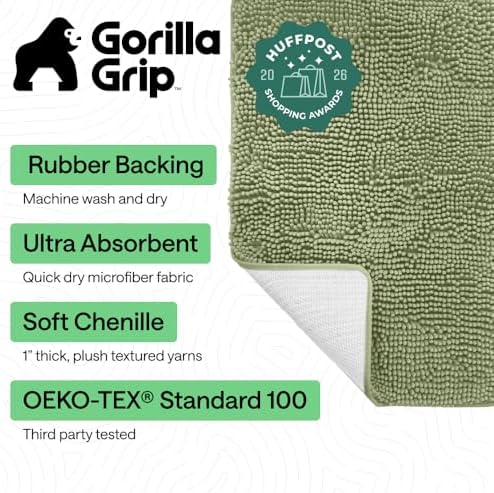 GORILLA GRIP Bath Rug Mat for Bathroom, Absorbent Chenille 60x17 Sage Green