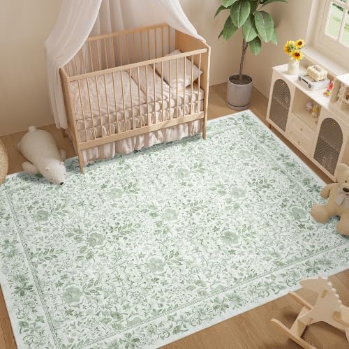 DUKINO 8x10 Area Rug Vintage Floral Washable Rug for Living Room Sage Green