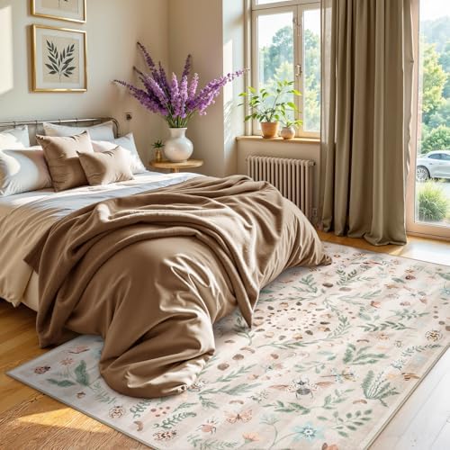 Lahome Washable Insect Botanical 6x9 Area Rugs for Nursery - Machine Washable Non-Slip Beige Bedroom Rug, Boho Low Profile Soft Faux Wool Carpet for Living Room Laundry Playroom Dining Room