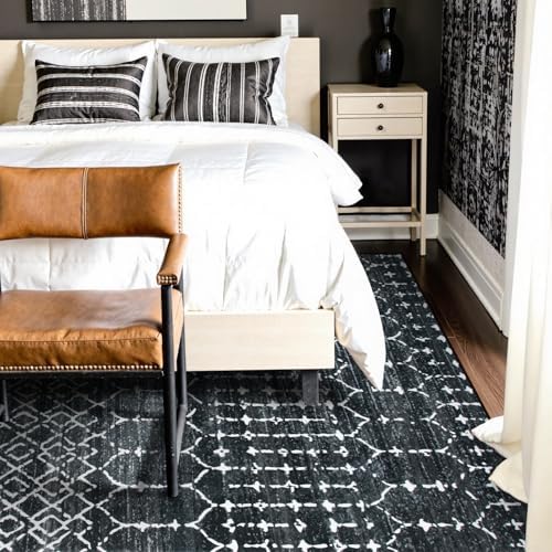 Lahome Moroccan Black Area Rugs 6x9 Living Room - Non-Slip Backing Ultra-Thin Large Throw Stain Resistant Dining Room Rugs for Under Table, Geometric Print Modren Soft Carpet for Bedroom Office Hana