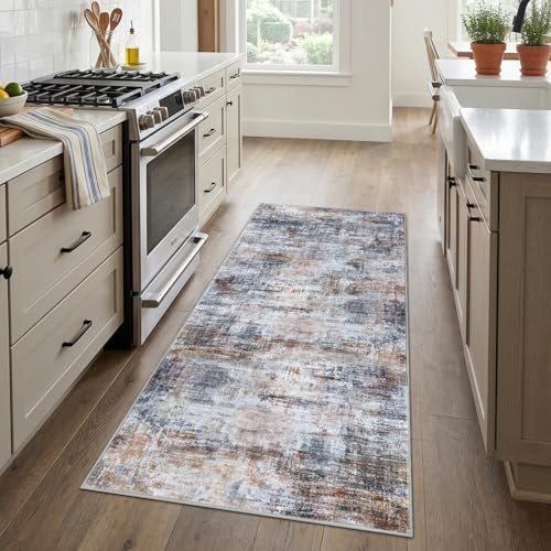 IOHOUZE Abstract Runner Rug 3x6 Ft Washable Runners for Hallways, Non Slip Kitchen Runner Printed Faux Wool Entryway Runner Indoor, Modern Abstract Floor Carpet for Hall Kitchen Bedroom, Orange Grey