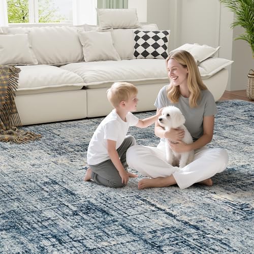 10x14 Washable Area Rug for Living Room Bedroom: Non-Slip Modern Blue Gold