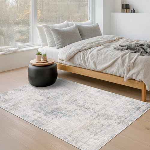 Washable Light Blue Rugs for Entryway Indoor - 3x5 Throw Rug for Large Kitchen, Bedroom Bedside, Bathroom, Mudroom, Modern Abstract Medallion Aqua Décor, Non Slip Low Pile, Distressed Design