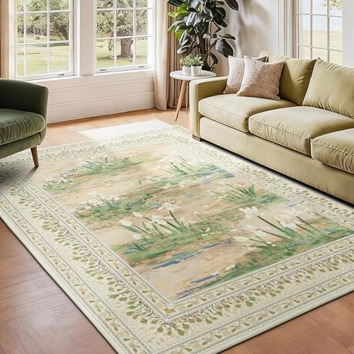 Lessymo 5 x 7 Washable Area Rugs for Living Room,Soft Non Slip Beige Sage