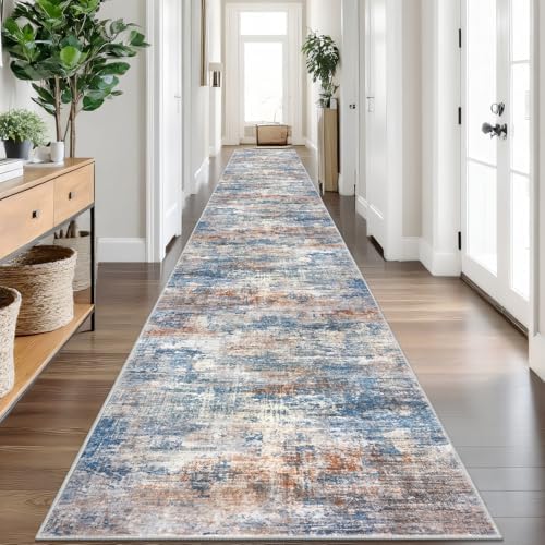 IOHOUZE Abstract Runner Rug 3x20 Ft Extra Long Washable Runners for Hallways, Non Slip Kitchen Runner Printed Faux Wool Entryway Runner Indoor, Modern Abstract Floor Carpet for Hall Stair, Blue Rust