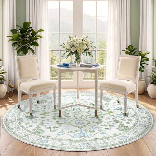 RELEANY Washable Area Rug, Round 5ft, Green/White/Blue