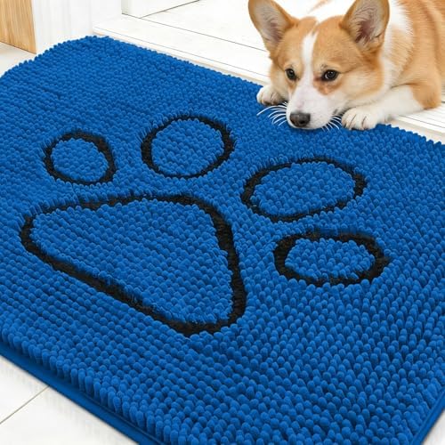 OLANLY Dog Door Mat for Muddy Paws 28x18, Paw Print Design Chenille Mud Mat