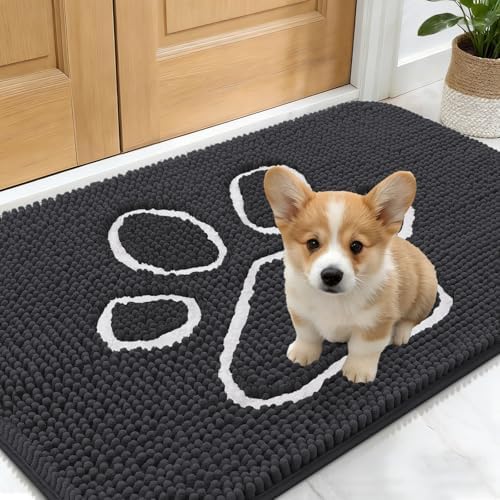 OLANLY Dog Door Mat for Muddy Paws 24x16, Paw Print Design Chenille Mud Mat