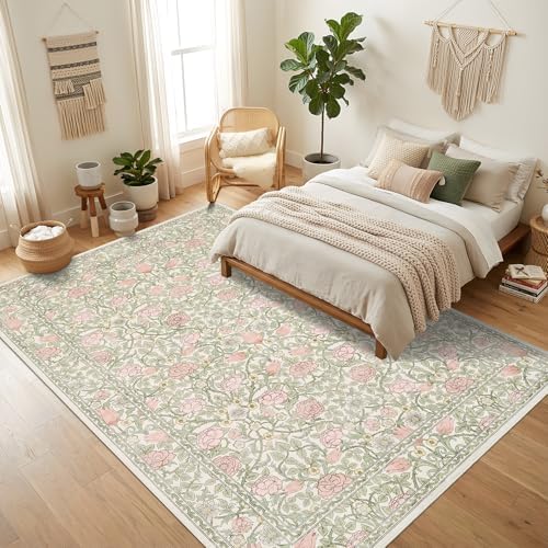 GarveeHome Pink Green Beige Floral Washable Rug 5x7 for Bedroom Living Room