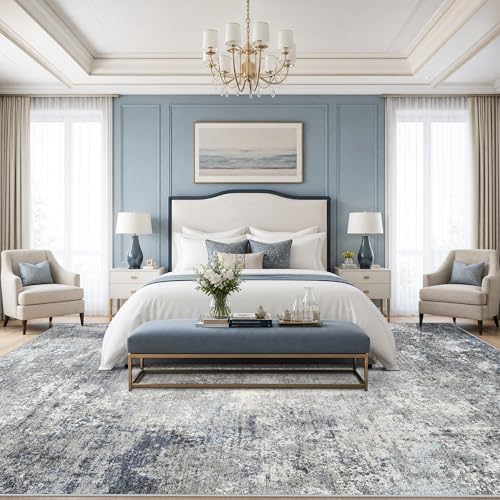 12x14 Living Room Area Rug – Washable Non-Slip Soft Large Room Rugs for Bedroom Dining Room, Modern Neutral Abstract Low Pile Thin Indoor Carpet（Blue Grey, 12x14）
