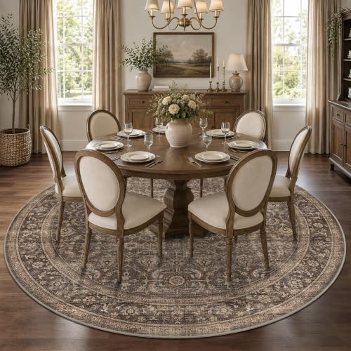 JOOJA 8x8 Dark Brown Vintage Low Pile Washable Boho Round Living Room Rug