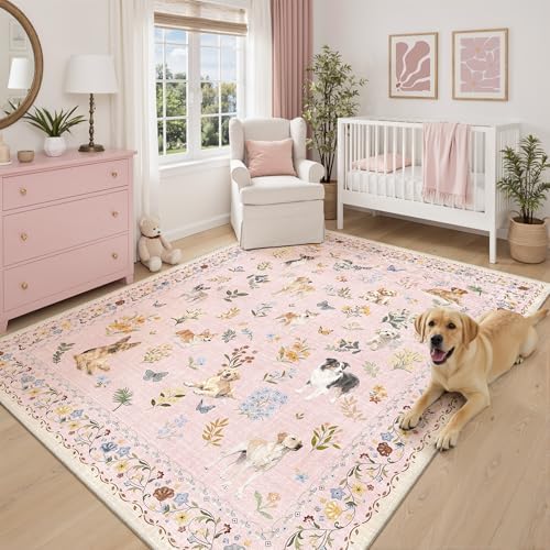 Soalmost Dog 5x7 Pink Area Rugs for Baby Girl Nursery, Washable Soft Rug