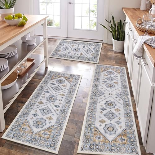 HEBE Boho Kitchen Rugs Set of 3, Non Slip Washable Kitchen Mats for Floor