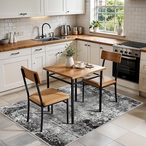 3x4 Washable Entryway Rug – Non-Slip Modern Abstract Small Area Rug for Kitchen, Bedroom, Bathroom – Soft Low-Pile Thin Indoor Door Mat（Black Grey, 3x4）