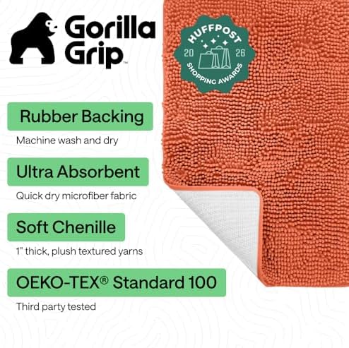 GORILLA GRIP Bath Rug Mat for Bathroom, Absorbent Chenille, 44x26 Coral