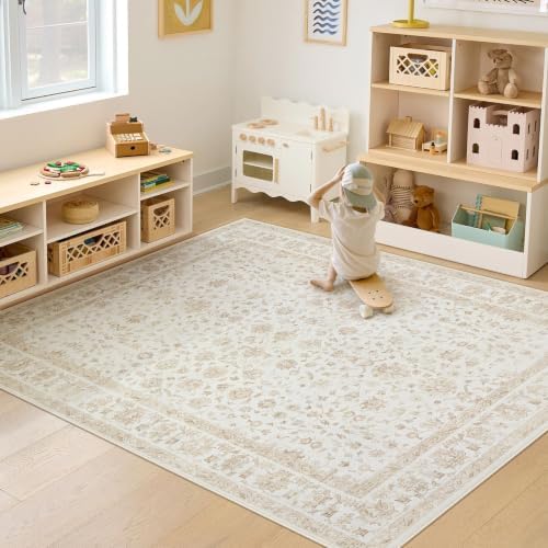6x9 Area Rugs for Living Room: Washable Vintage Floral Rug Low Pile Non-Slip Boho Carpet for Nursery Bedroom Dining Room (Vintage Beige, 6'x9')