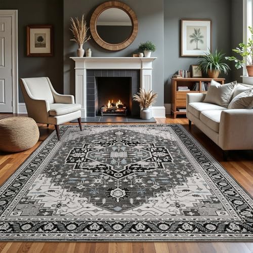 Macgace Washable Vintage Area Rug for Living Room, 6x9 Rugs Black Grey