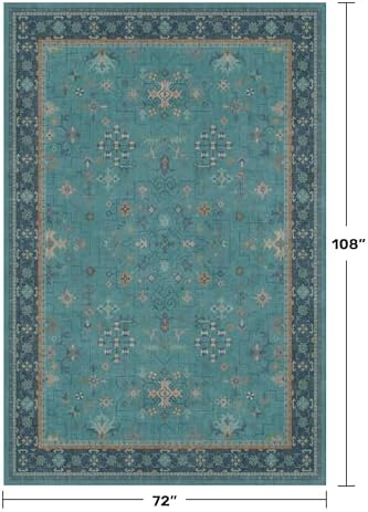 Boho Teal 6x9 Area Rugs for Living Room, Geometric Floral Design Rug for Bedroom, Dining Room - Vintage Turquoise Décor Indoor, Low Pile & Soft Stain Resistant Carpet