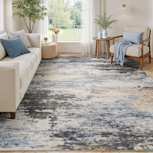5x7 Area Rug for Living Room, Abstract Washable Non-Slip Rugs, Grey/ Blue