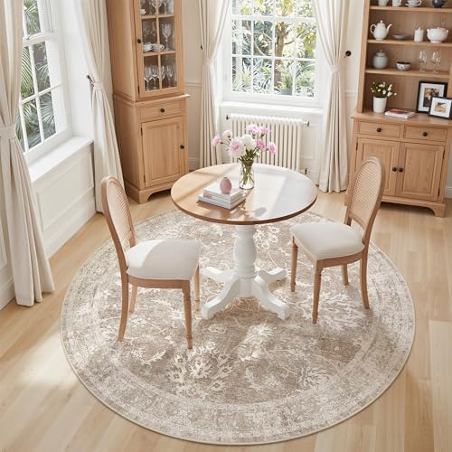 Madane Washable Round Rug 5ft for Living Room, Soft Neutral Rug Brown/Sand