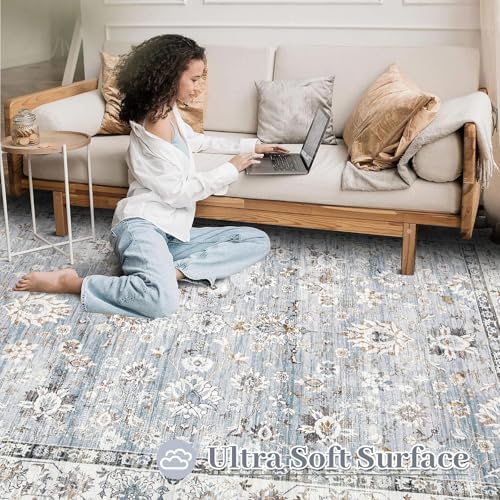 XLUEZ Area Rug 6x9 Living Room Rug, Machine Washable Vintage Distressed Boho Area Rug Non-Slip Soft Low Pile Large Indoor Rugs for Bedroom Kitchen Dining Room Office(Light Blue,6'x9')