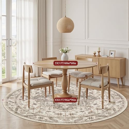 cotiled 8ft Round Living Room Area Rug, Washable, Traditional, Light Brown