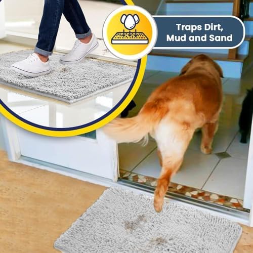 Muddy Mat® | Super Water Absorbent Door Mat Indoor, Microfiber Quick Dry Chenille Entryway Rug, Slip Resistant Front Door Mat, Indoor Mats for Entryway, Machine Washable Pet Rug, White 6ft x 9ft