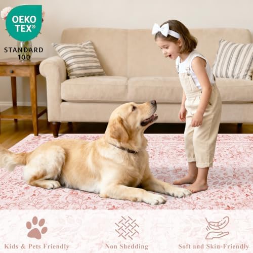 DUKINO 9x12 Area Rug for Living Room, Vintage Floral Washable Rugs, Pink