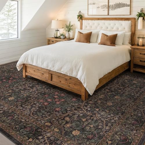 Vintage Dark Brown Living Room Rug, 7x10 Washable Area Rugs for Dining Room Under Table, Bedroom, Oriental Low Pile Stain Resistant Non-Slip Thin Soft Carpet