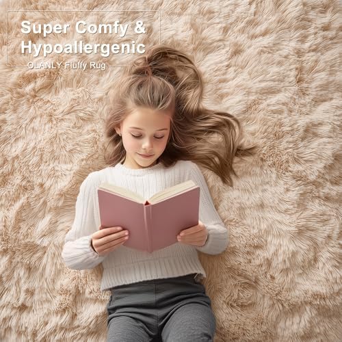 OLANLY 4x8 Area Rugs for Living Room Bedroom, Machine Washable Soft Fluffy Shaggy Bedside Rug, Indoor Floor Carpet for Kids Girls and Boys, Dorms, Nursery Rooms, Home Decor Aesthetic, Beige