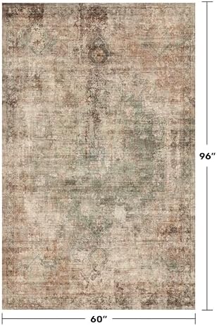 Low Pile Office Rugs for Rolling Chairs - 5x8 Modern Abstract Dark Rugs for Living Room, Large Entryway, Brown and Green with Burnt Orange Accent, Non Slip Stain Resistant, Distressed Design