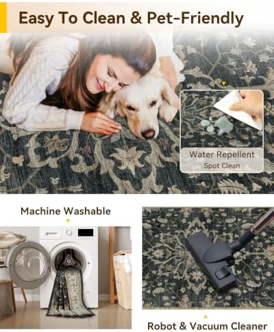 RELEANY Washable Area Rug, Runner 3'x8', Black/Vintage/Beige