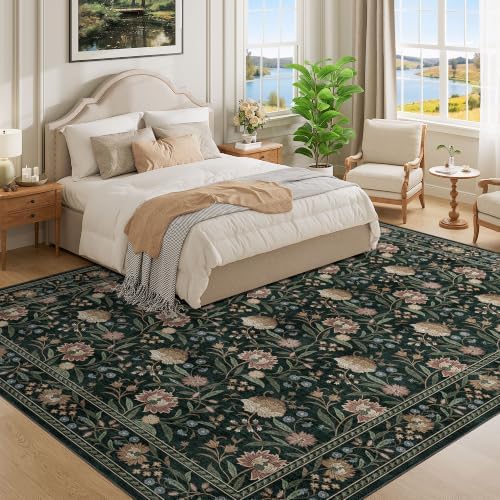 DUKINO 9x12 Area Rug for Living Room Vintage Floral Washable Rug Dark Green