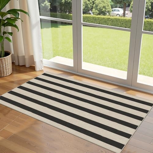 Front Door Mat Indoor Entrance - 2x4.3 Ft Black White Striped Rug