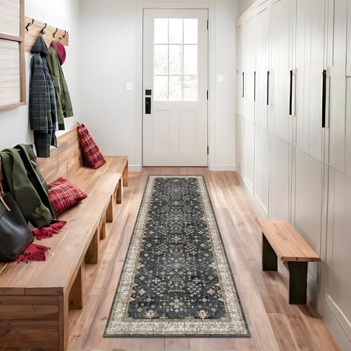 Black 2x7 Long Runner Rugs for Entryway, Throw Runners for Kitchen Hallway, Boho Vintage Floral Decor & Non-Slip Low-Pile Washable Stain Resistant Ashen Charcoal Rug