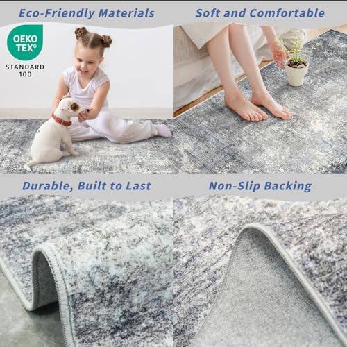 3x8 Washable Hallway Runner – Non-Slip Abstract Modern Neutral Wide Carpet Runner for Kitchen Floor, Entryway, Bedroom, Living Room – Soft Low-Pile Thin Rubber Backing（Blue Gray,3x8）
