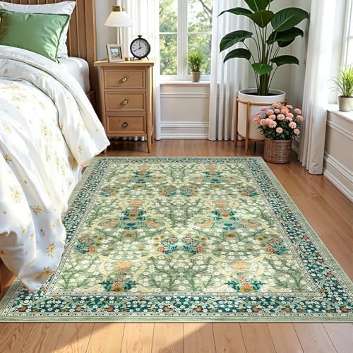 GarveeHome Floral 3x5 Area Rugs for Entryway, Washable Kitchen Rug Non Slip, Low Pile Bedroom Rug, Ultra Soft Stain Resistant Small Carpet for Laundry Room, Sage Green