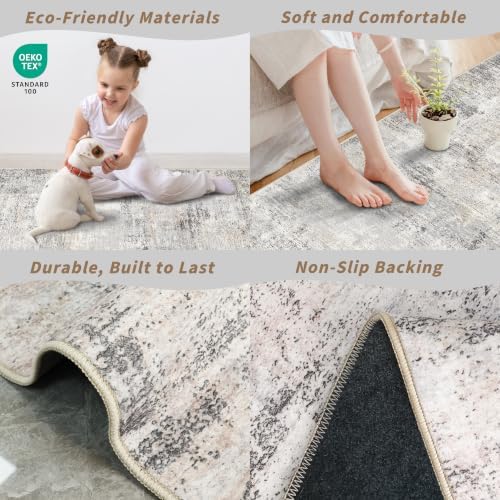 3x10 ft Long Hallway Runner Rug – Non-Slip Washable Kitchen Floor Rug with Rubber Backing, Modern Low Pile Thin Wide Carpet Runners for Bedroom, Entryway Indoor（Gray Beige,3x10）