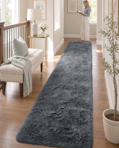 OLANLY 2x9 Machine Washable Runner Rugs for Hallway, Soft Fluffy Shaggy Bedside Rugs for Bedroom, Living Room, Indoor Floor Carpet for Kids Girls and Boys, Nursery Rooms, Home Decor Aesthetic, Grey