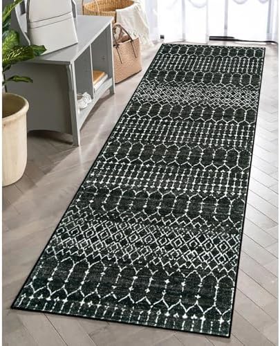 Lahome Moroccan Black Long Runner Washable Hallway Rug, Ultra-Thin Non Slip Kitchen Runner, Soft Modern Print Indoor Floor Carpet for Entryway Stair (Black, 2'5''x12'') Hana