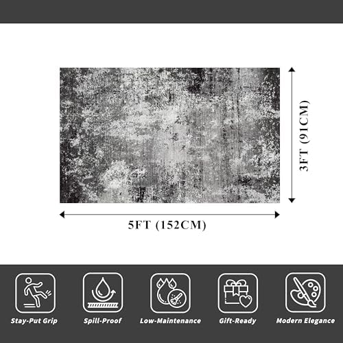 3x5 Washable Entryway Rug – Non-Slip Rubber Backed Small Area Rug for Kitchen, Bedroom, Living Room, Office – Soft Low-Pile Thin Modern Abstract Neutral Throw Rug （Black Grey,3x5）