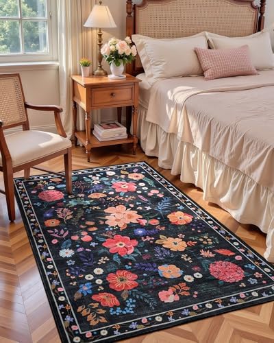 Macgace Floral Area Rug for Bedroom, Machine Washable 4x6 Black Throw Rugs