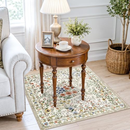 3x3 Square Entry Rug Foyer Entryway: Non-Slip Floral Washable Rugs for Indoor Floor Living Room Kitchen Bedroom - Soft Thin Doormat Carpet Boho Vintage Home Decor (3ft Square, Beige)