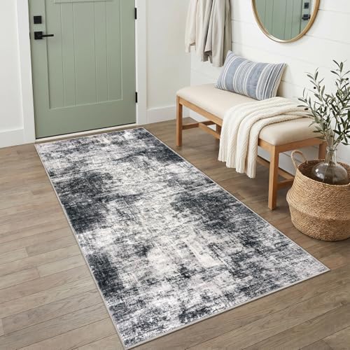 IOHOUZE Abstract Runner Rug 3x6 Ft Washable Runners for Hallways, Non Slip Kitchen Runner Printed Faux Wool Entryway Runner Indoor, Floor Carpet for Hall Kitchen Bedroom, Black Grey