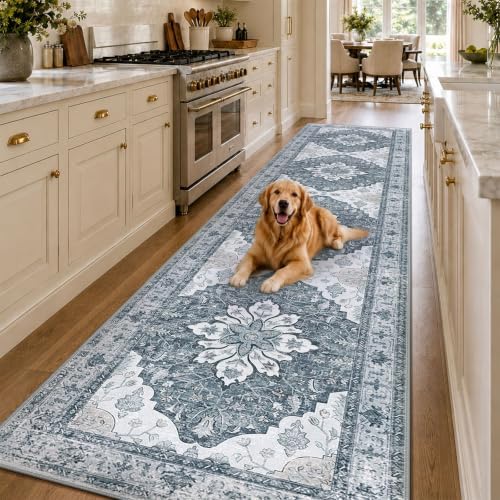 RELEANY Washable Area Rug, Runner 2'6"x14', Grey/White/Beige