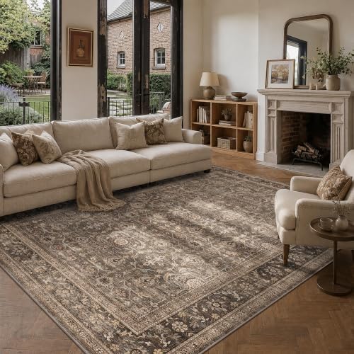 JOOJA 5x8 Dark Brown Vintage Washable Area Rug, Low Pile Living Room Rug