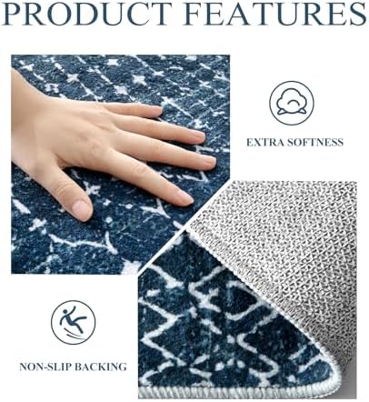 Lahome Moroccan Blue 3x5 Non-Slip Washable Soft Rug for Bedroom Floor Throw, Geometric Print Distressed Indoor Modern Rug for Entryway, Dining Room, Bathroom Hana