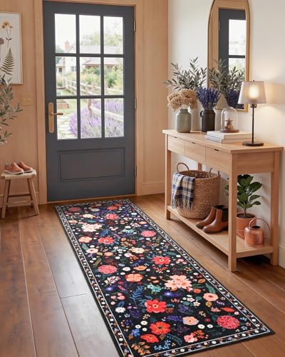 Macgace Floral Area Rug for Hallway, Washable 2x8 Black Runner Rugs